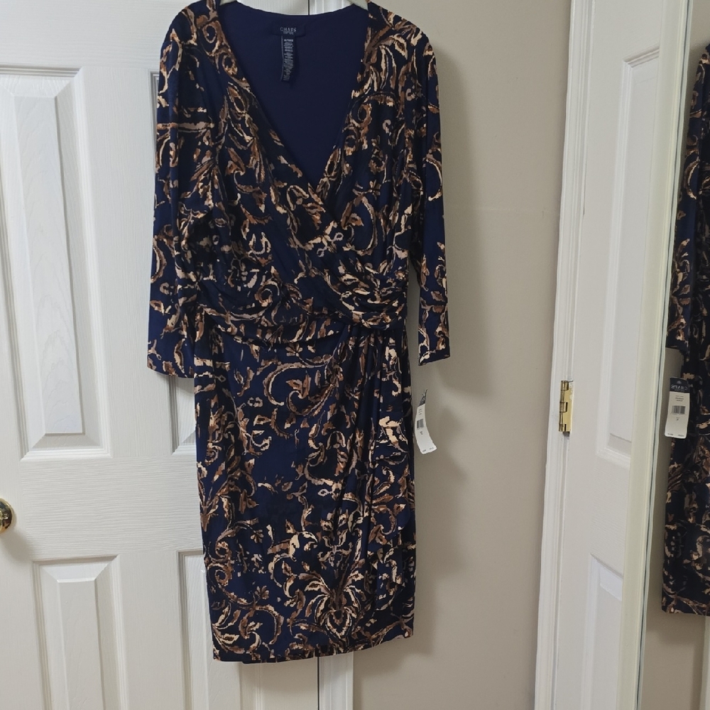 Chaps Navy and Gold Long Sleeve Dress